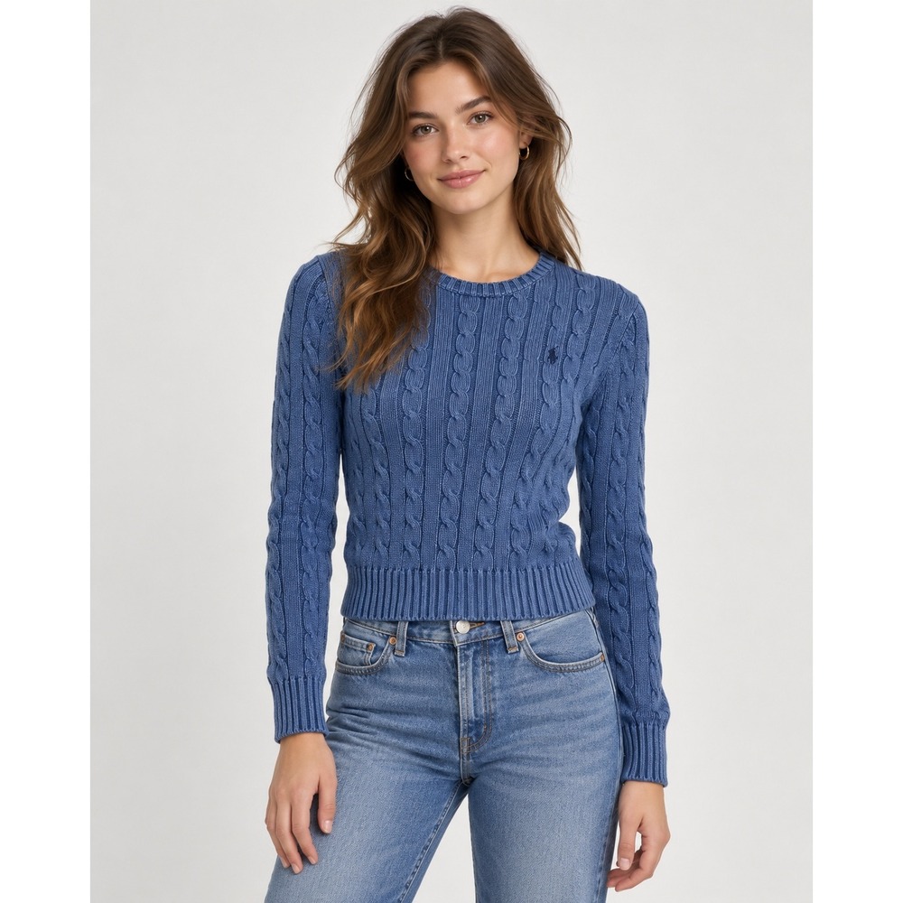 Polo Ralph Lauren Womens Cable Knit Sweater Blue Cotton Crew Neck Pullover